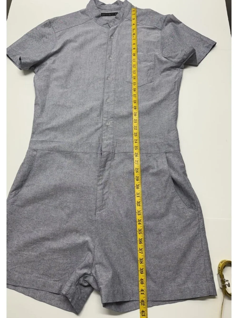 Romphim Mens Blue Oxford Shorts Romper Size XL Slim Fit Band Collar Short Sleeve